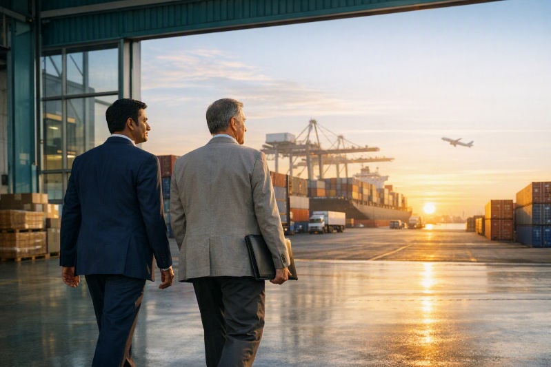 Business partners walking towards global trade opportunities