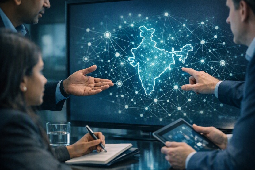 Professionals discussing a digitally connected map of India