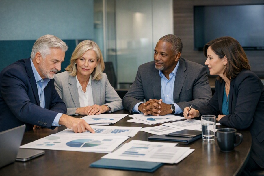 Experienced advisers reviewing business information together